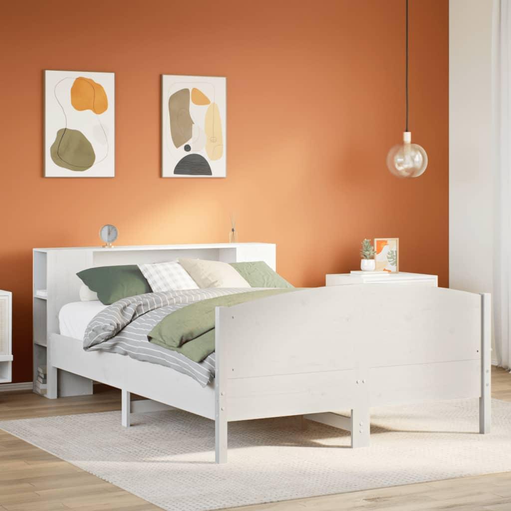 Seng med reol uden madras 140x190 cm massivt fyrretræ hvid billede