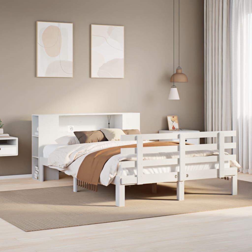 Seng med reol uden madras 140x190 cm massivt fyrretræ hvid billede