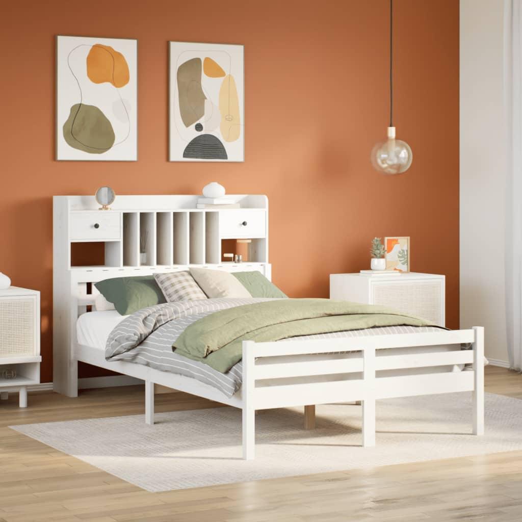 Seng med reol uden madras 135x190 cm massivt fyrretræ hvid billede