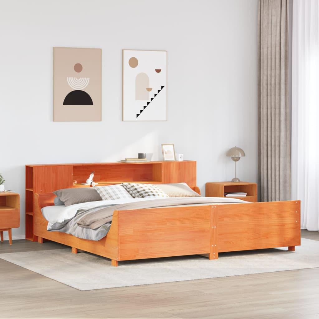 Sengeramme 200x200 cm i massivt fyrretræ - gyldenbrun med opbevaringsgavl