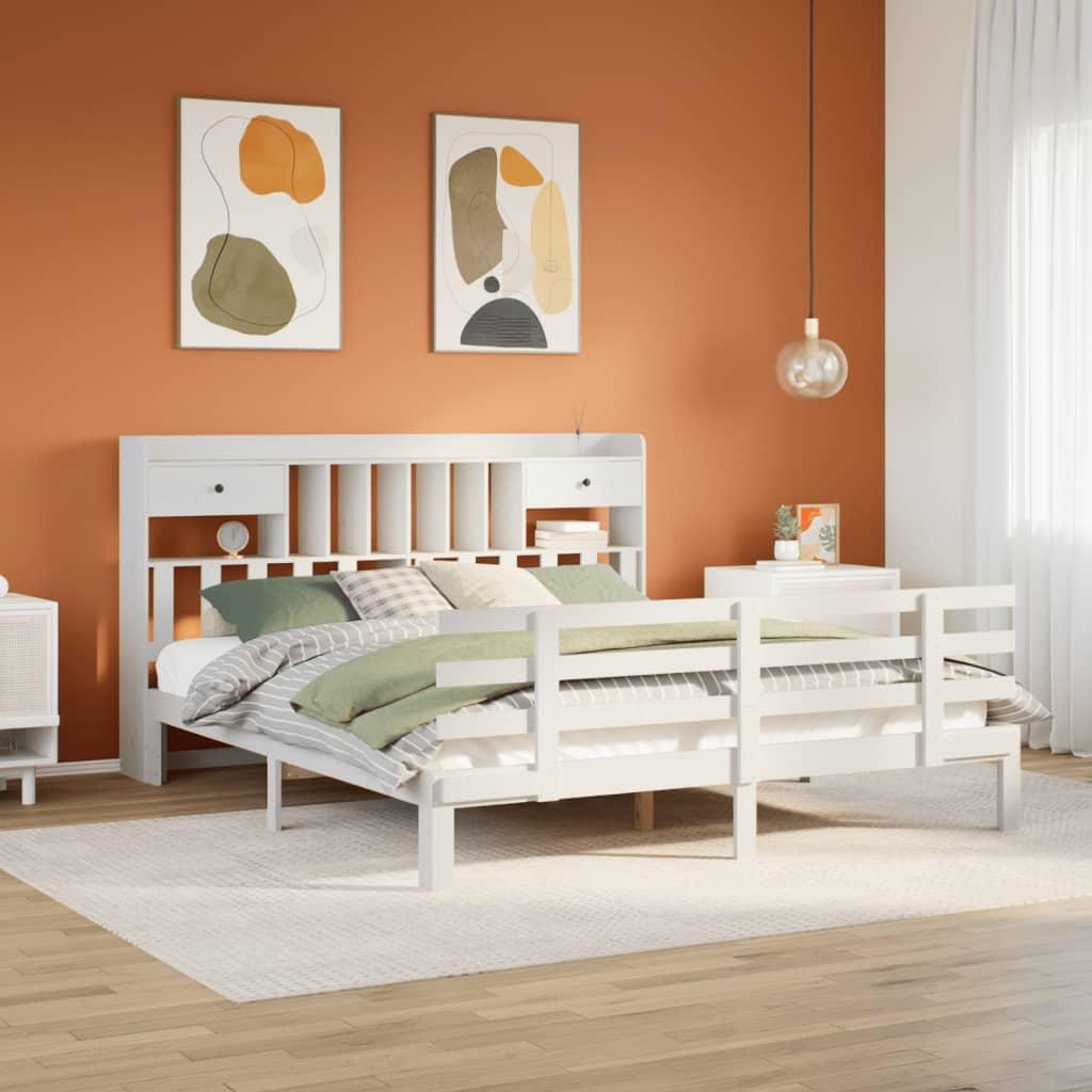 Seng med reol uden madras 180x200 cm massivt fyrretræ hvid billede