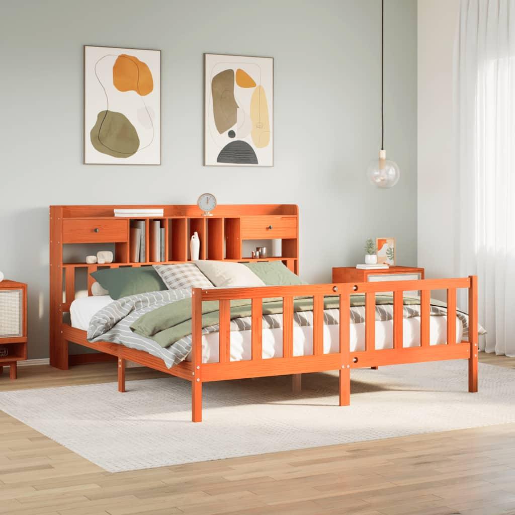 Seng med reol uden madras 200x200cm massivt fyrretræ gyldenbrun