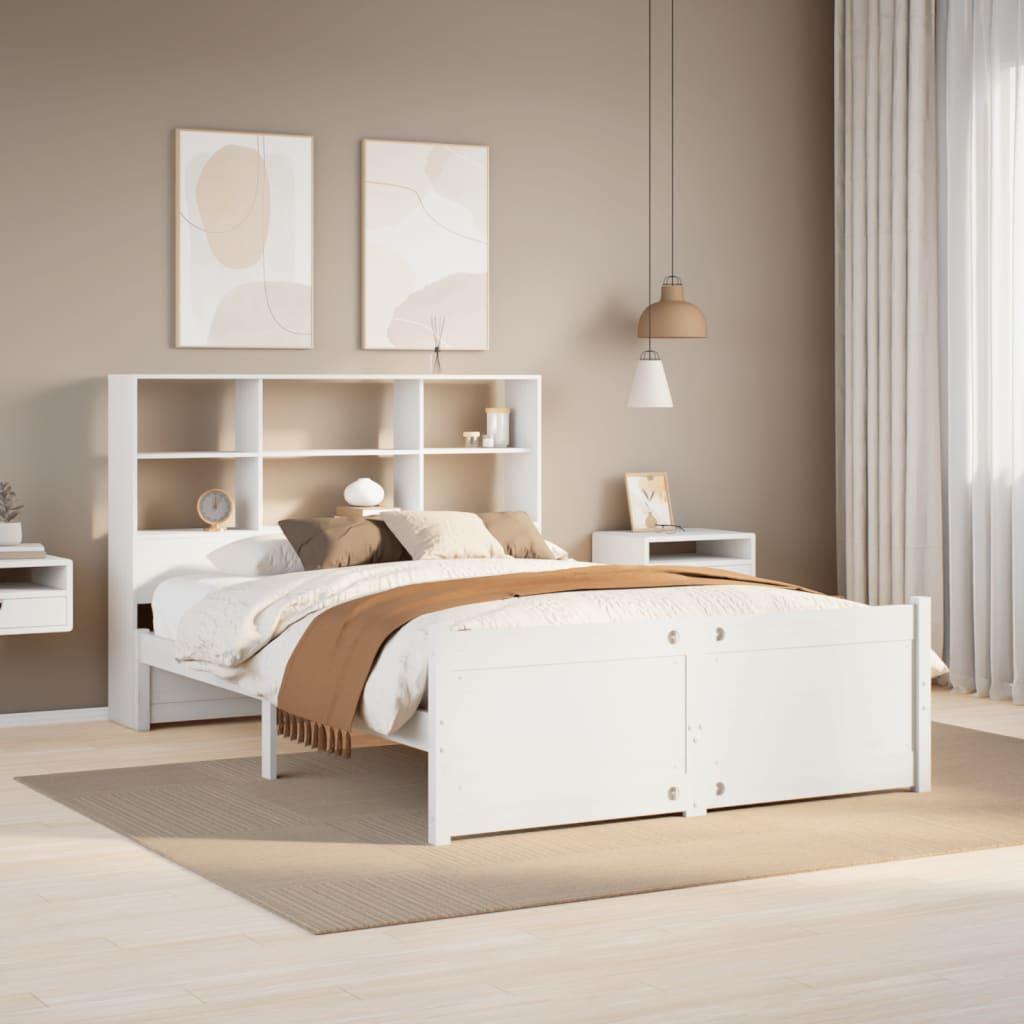 Seng med reol uden madras 140x190 cm massivt fyrretræ hvid billede