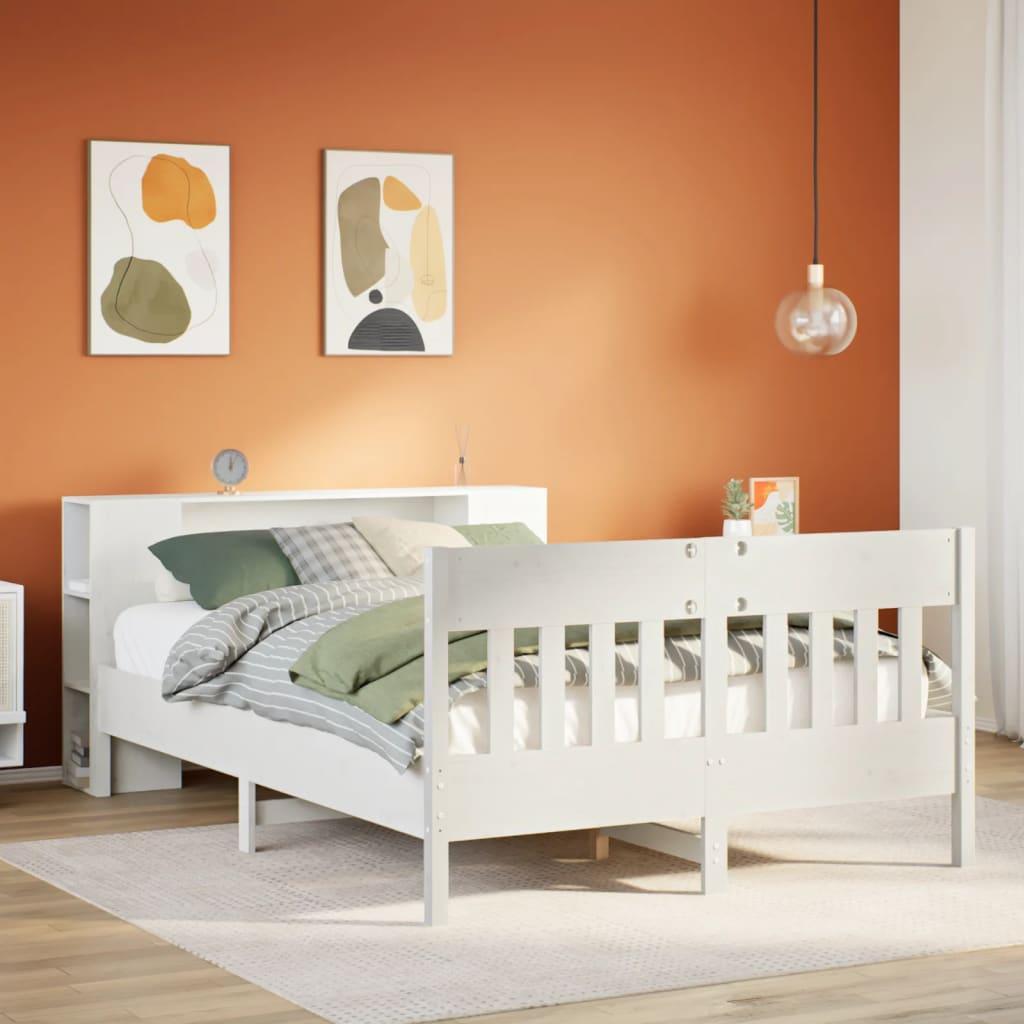 Seng med reol uden madras 135x190 cm massivt fyrretræ hvid billede