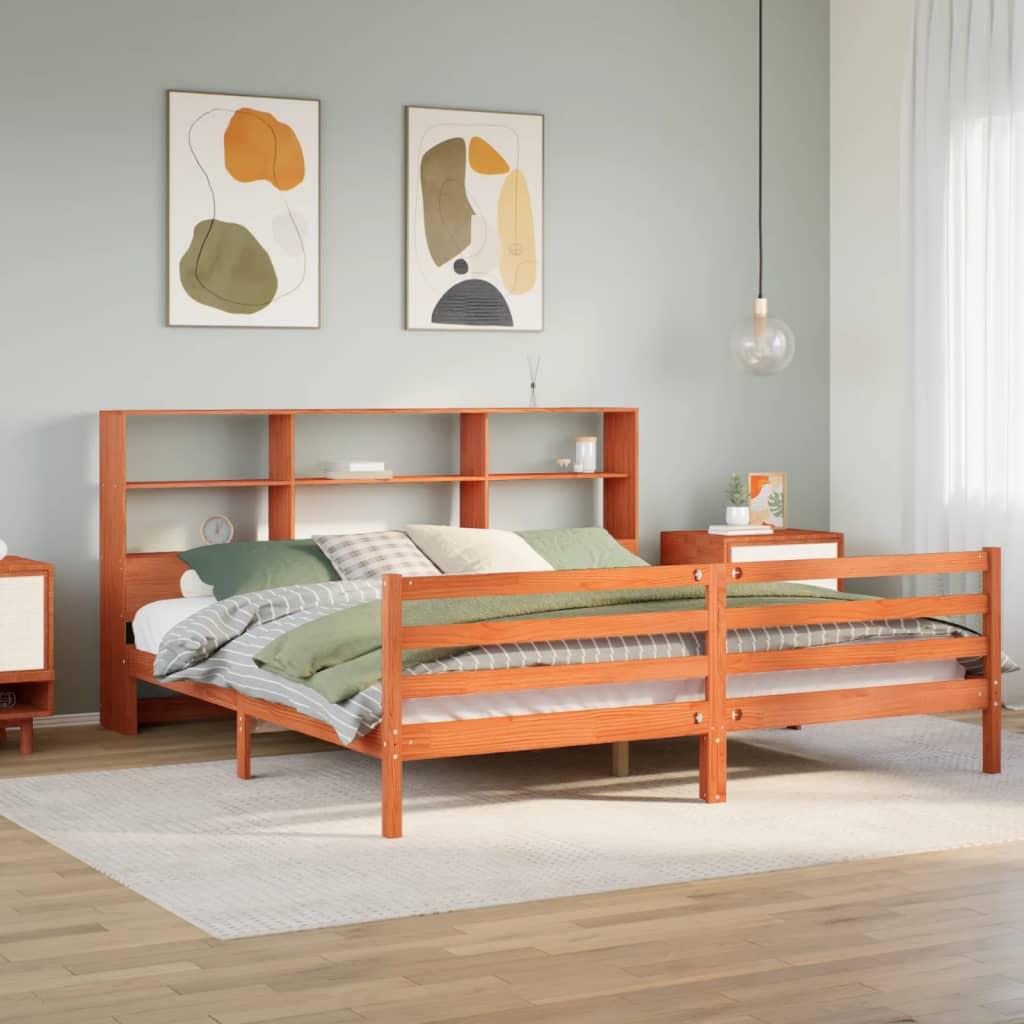 Seng med reol 180x200 cm i massivt fyrretræ gyldenbrun