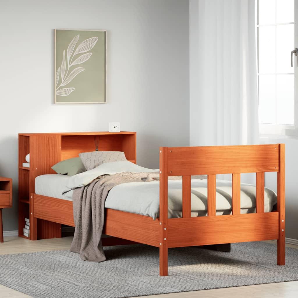 Seng med reol uden madras 100x200cm massivt fyrretræ gyldenbrun billede