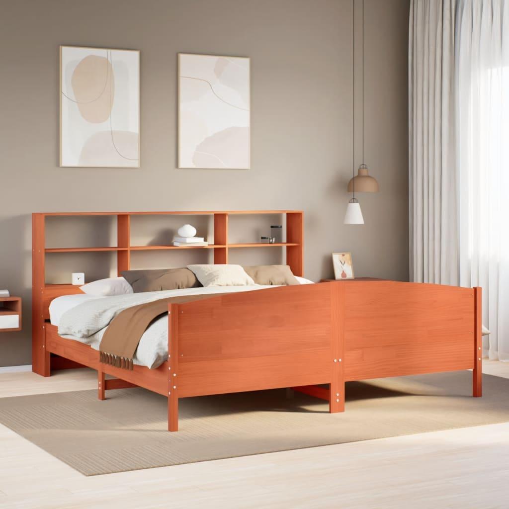 Seng med reol uden madras 180x200cm massivt fyrretræ gyldenbrun billede