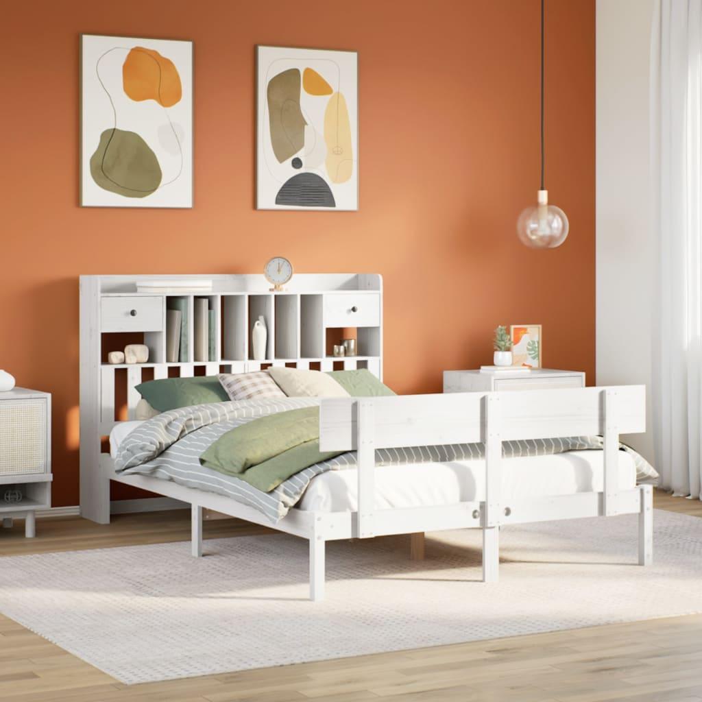 Seng med reol uden madras 140x190 cm massivt fyrretræ hvid billede