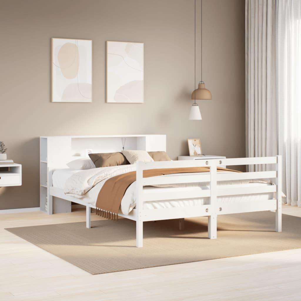Seng med reol uden madras 140x200 cm massivt fyrretræ hvid billede