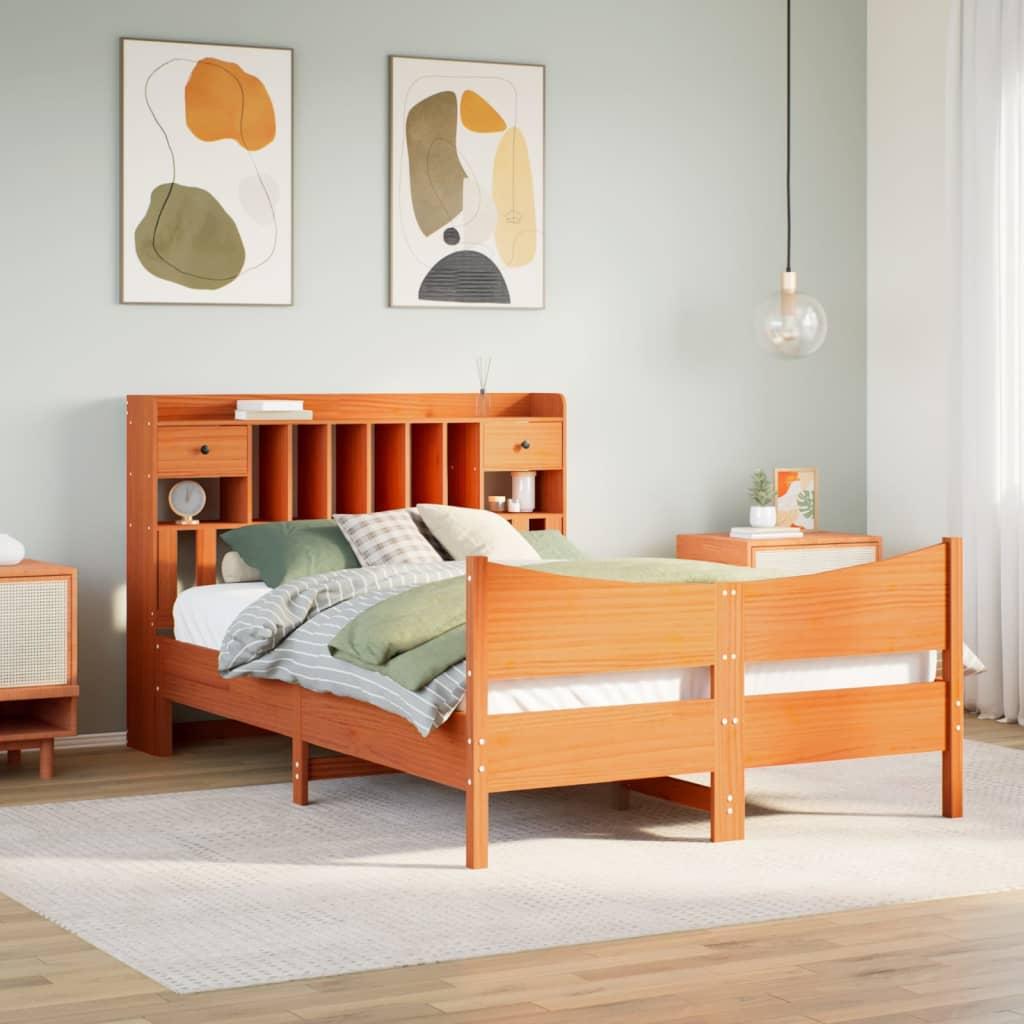 Sengeramme 140x190 cm i massivt fyrretræ - gyldenbrun med opbevaringsgavl billede