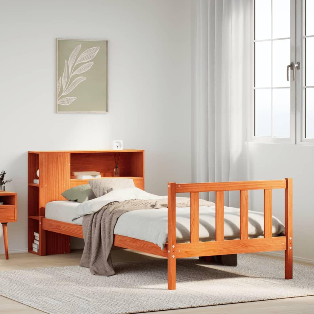 Seng med reol uden madras 100x200cm massivt fyrretræ gyldenbrun billede