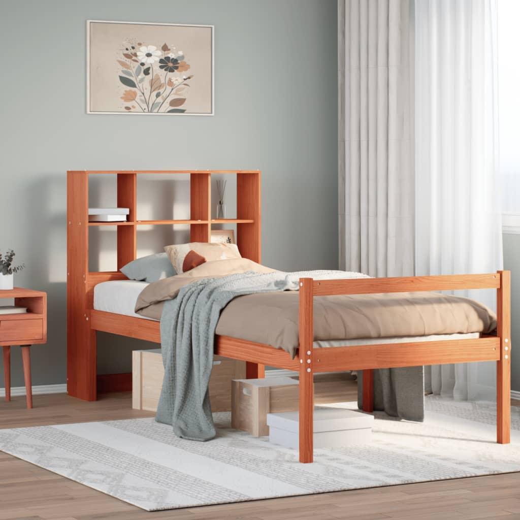Seng med reol uden madras 75x190 cm massivt træ gyldenbrun billede