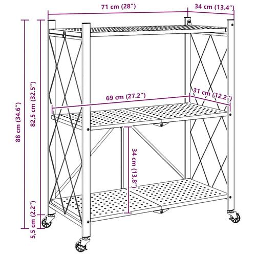 Opbevaringshylde på hjul sort 71x34x88 cm stål