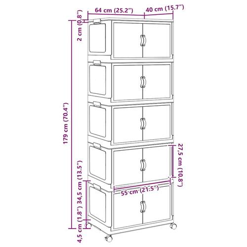 Stabelbar opbevaringskasse med hjul 5-etagers 75 L 64x40x179 cm