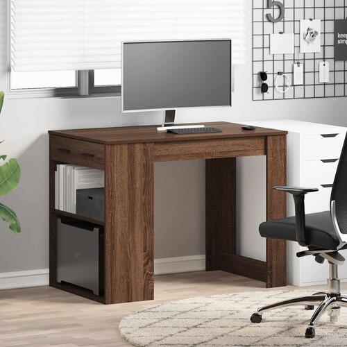 Skrivebord med skuffe og hylde 102x62x77,5 cm brun egetræ