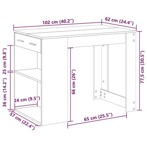 Skrivebord med skuffe og hylde 102x62x77,5 cm brun egetræ