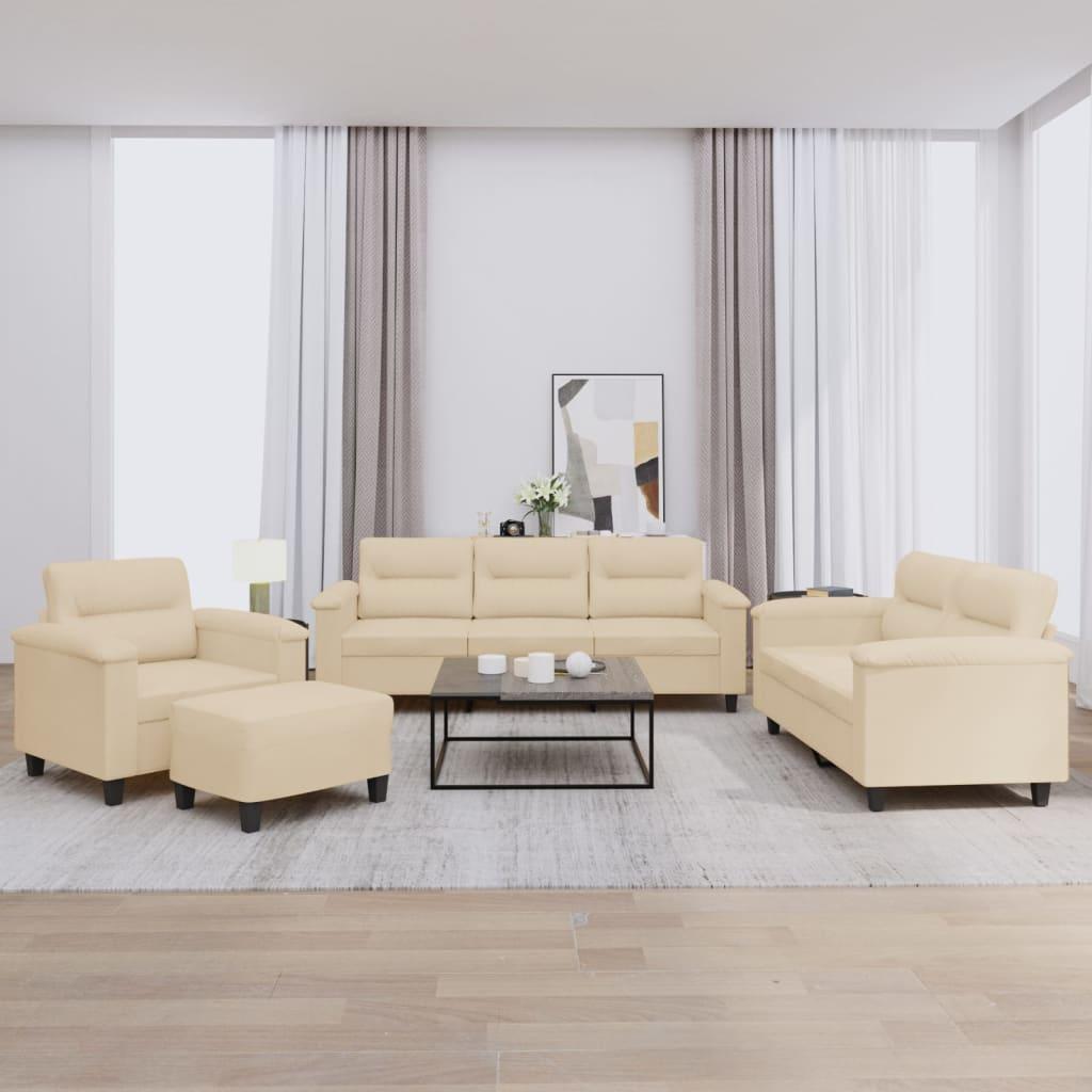 Sofasæt 3 Dele Med Hynder Mikrofiberstof - Creme / Med fodskammel