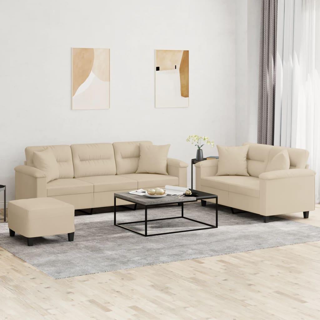 Sofasæt 3 dele med puder mikrofiberstof cremefarvet billede