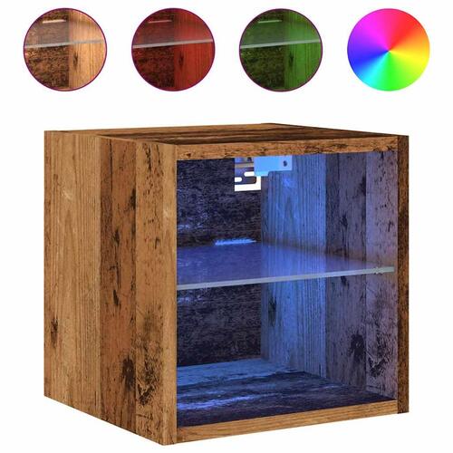 Væghængt tv-bord med LED-lys 30x28,5x30 cm gammelt træ