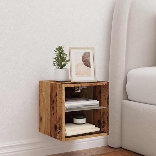 Væghængt tv-bord med LED-lys 30x28,5x30 cm gammelt træ