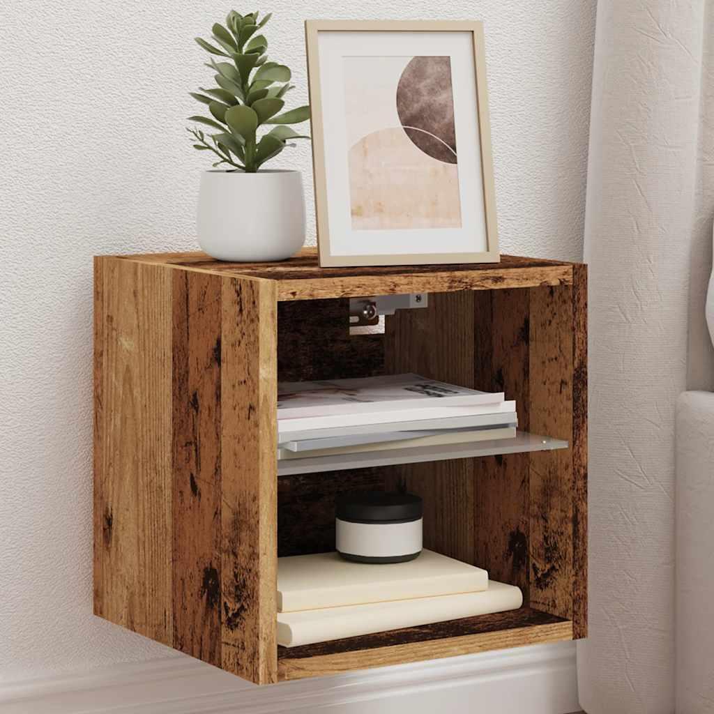 Væghængt tv-bord med LED-lys 30x28,5x30 cm gammelt træ