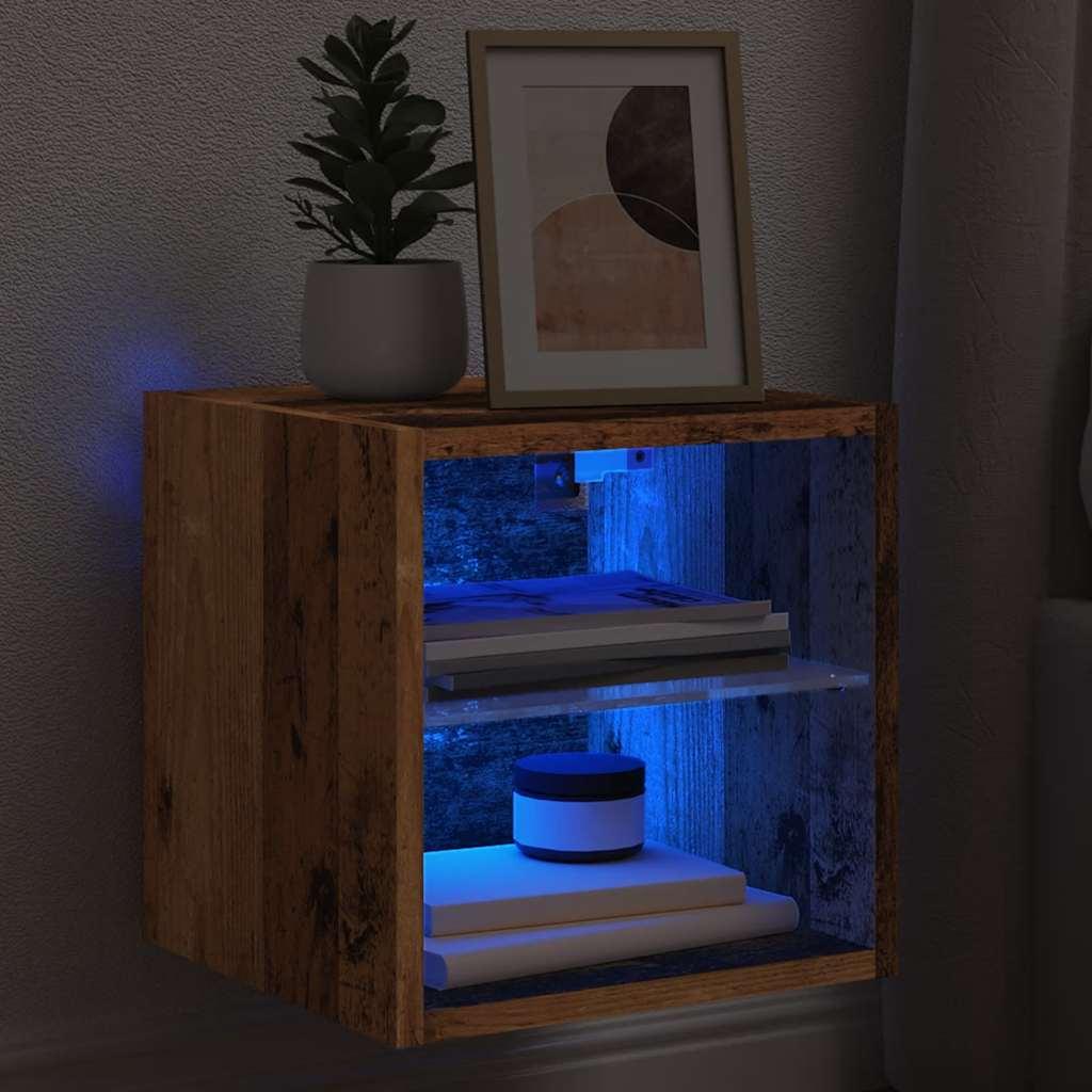 Væghængt tv-bord med LED-lys 30x28,5x30 cm gammelt træ
