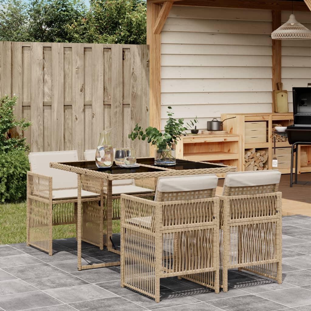 Spisebordssæt til haven 5 dele med hynder polyrattan beige
