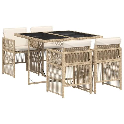 Spisebordssæt til haven 5 dele med hynder polyrattan beige