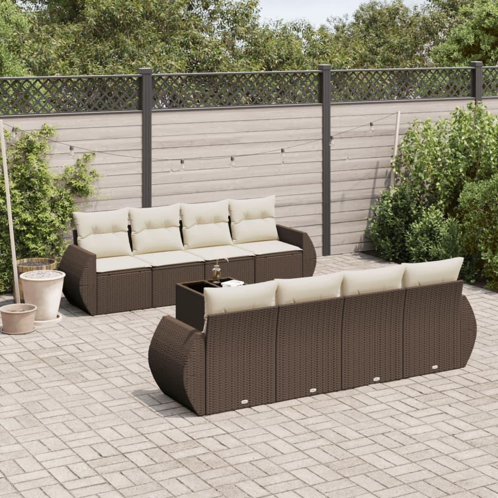 Sofasæt til haven i polyrattan - 9 dele med hynder, brun
