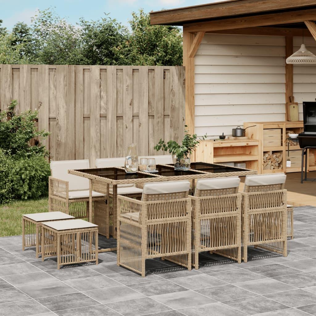 Spisebordssæt til haven 11 dele med hynder polyrattan beige