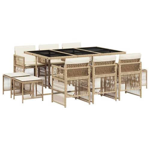 Spisebordssæt til haven 11 dele med hynder polyrattan beige