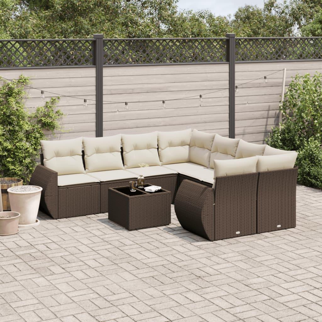 Havesofasæt i polyrattan - 9 dele med hynder, brun
