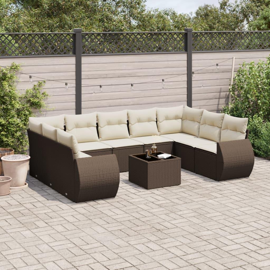 Havesofasæt i polyrattan, 10 dele med hynder - brun