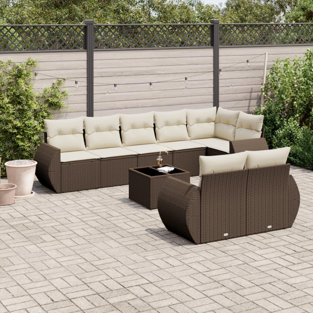 Sofasæt til haven i polyrattan - 9 dele med hynder, brun