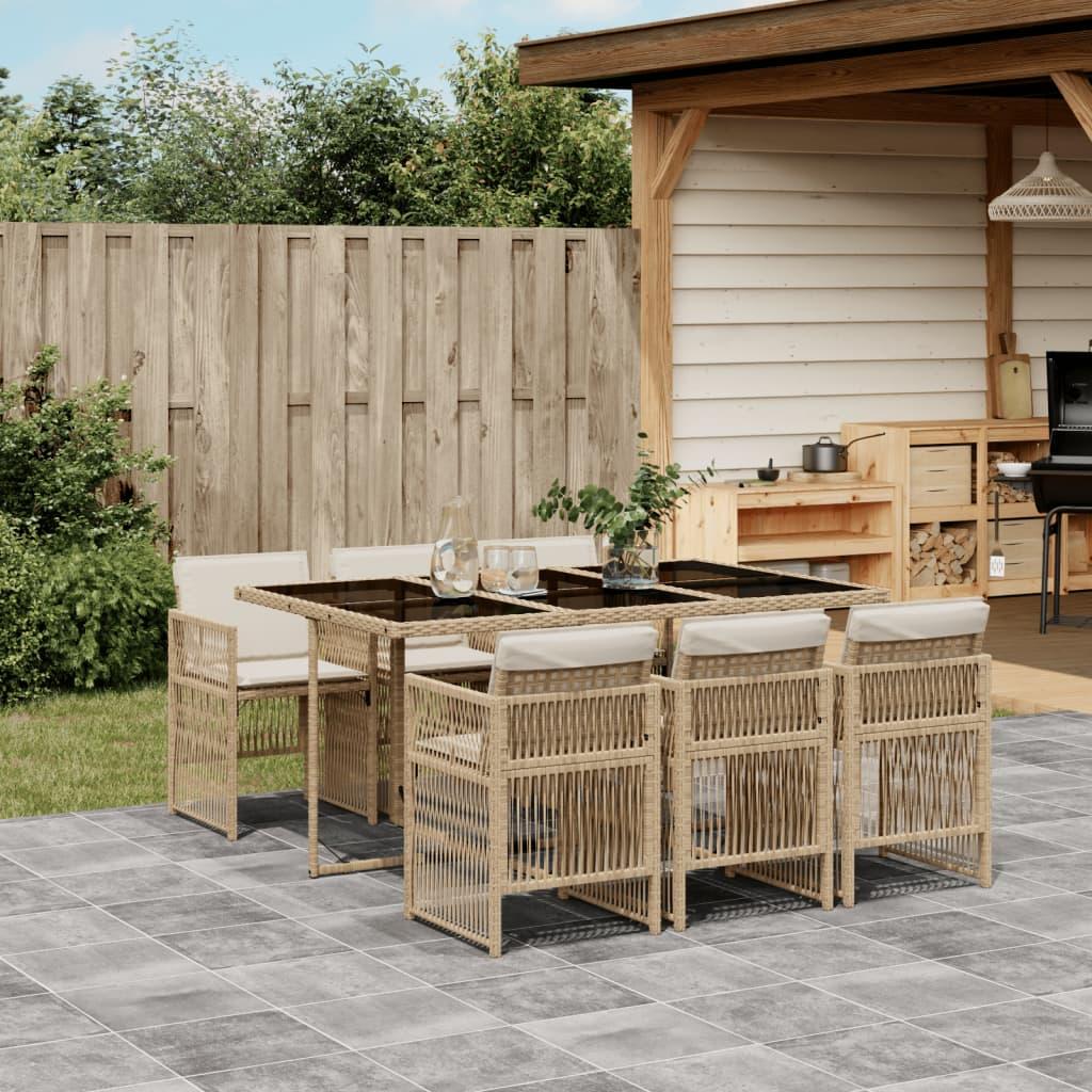 Spisebordssæt til haven 7 dele med hynder polyrattan beige