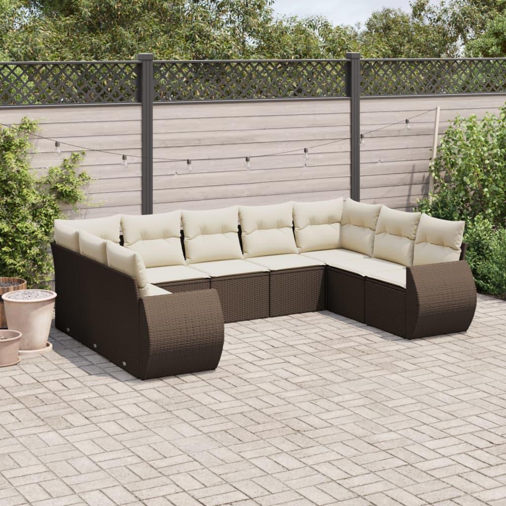 Havesofasæt i polyrattan - 9 dele med hynder, brun