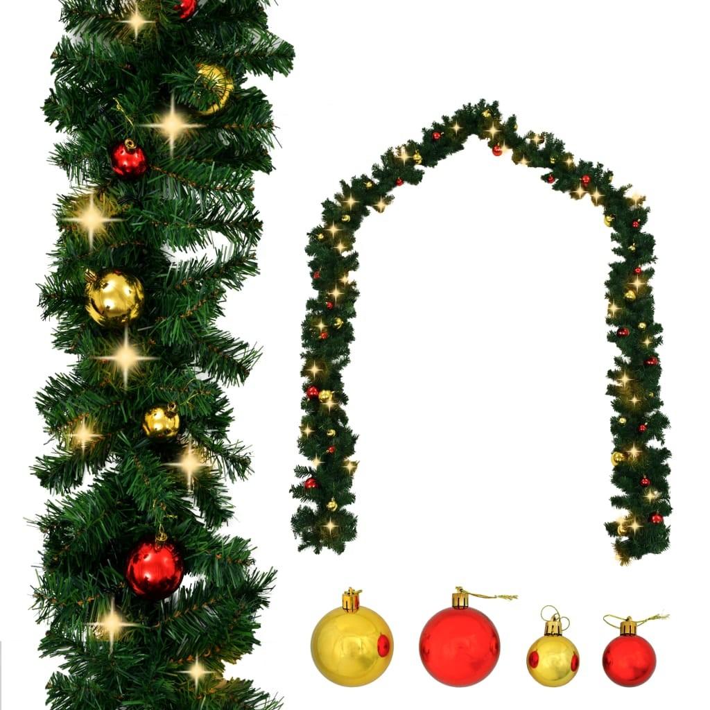 Juleguirlande dekoreret med kugler og LED-lys 20 m