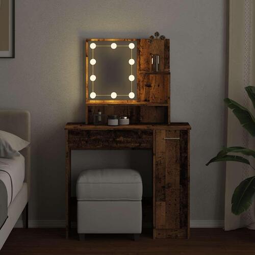 Makeupbord med LED-lys 86,5x35x136 cm antikt trælook
