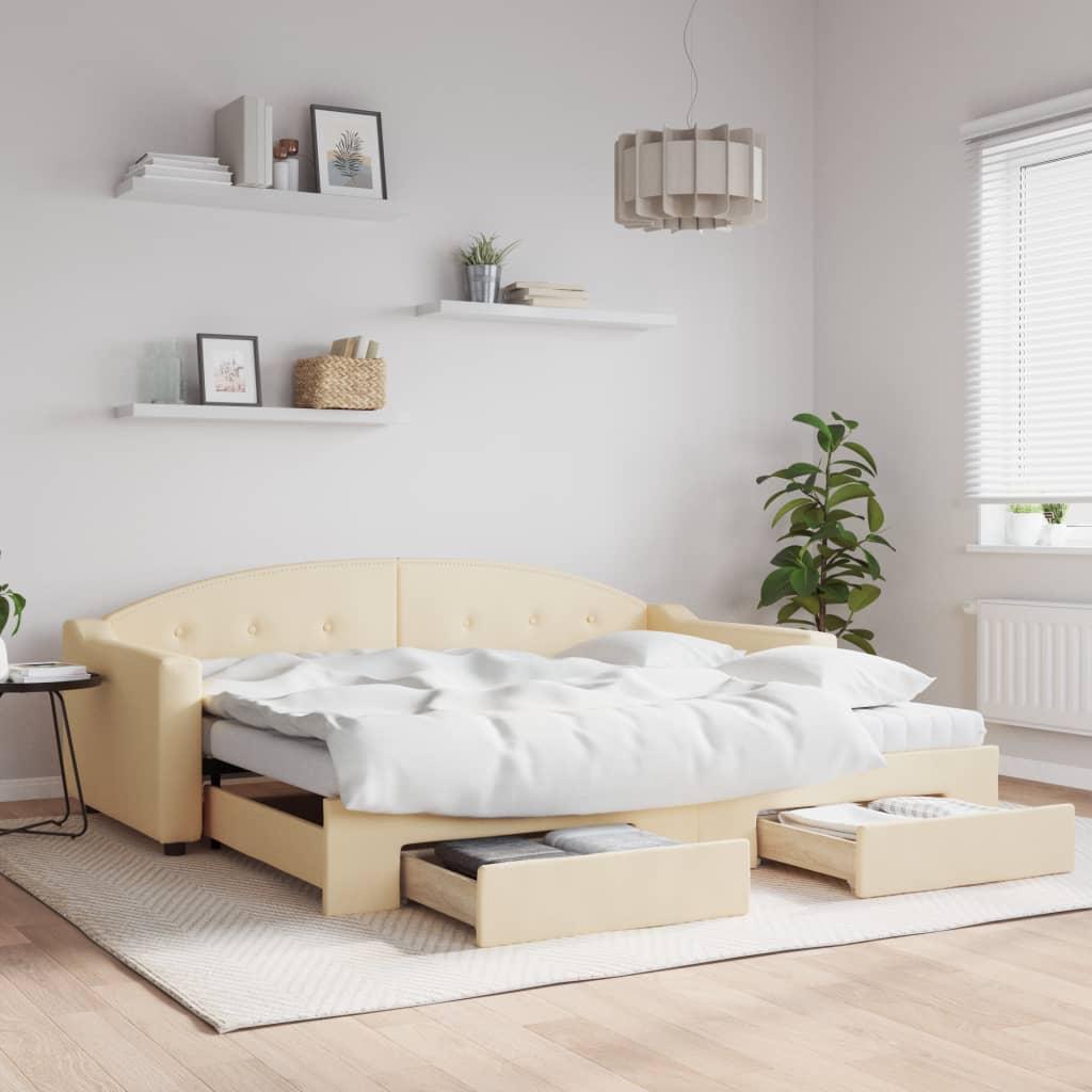 Daybed med udtræk og skuffer 90x200 cm stof cremefarvet billede