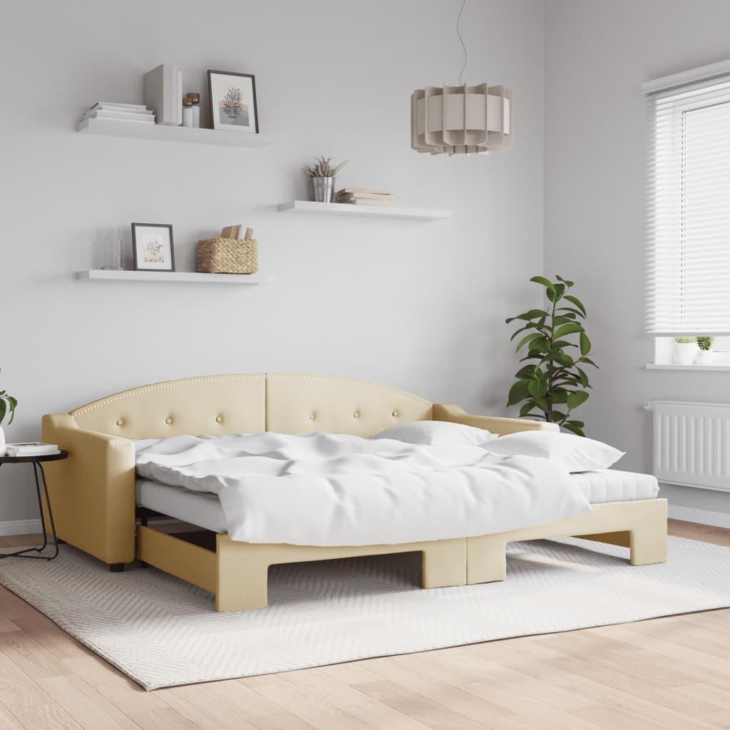 Daybed med udtræk og madras 90x200 cm stof cremefarvet billede