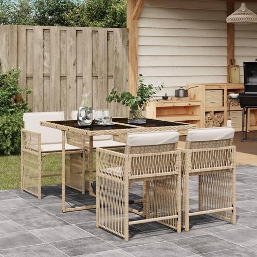 Spisebordssæt til haven 5 dele med hynder polyrattan beige