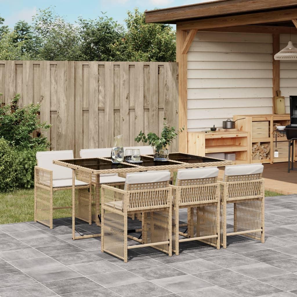 Spisebordssæt til haven 7 dele med hynder polyrattan beige