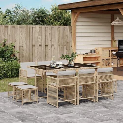 Spisebordssæt til haven 11 dele med hynder polyrattan beige