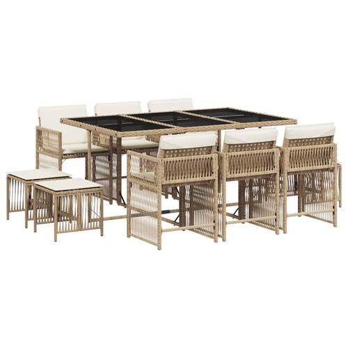 Spisebordssæt til haven 11 dele med hynder polyrattan beige