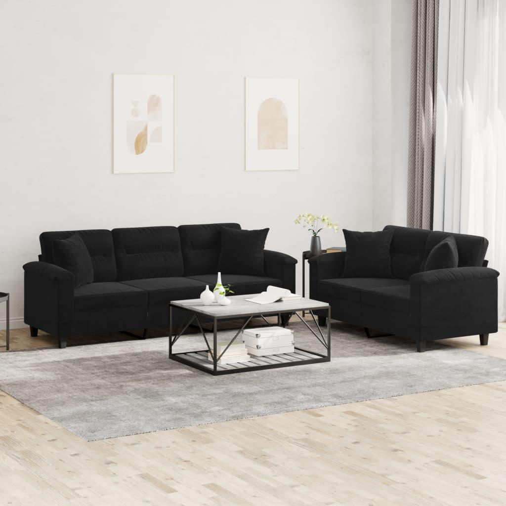 2 personers sofa med puder mikrofiberstof sort billede