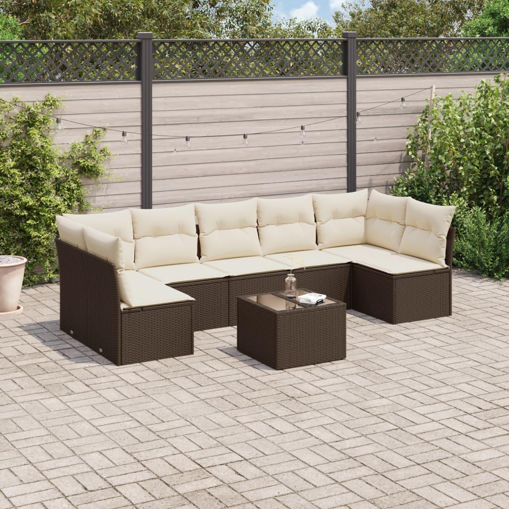 Sofasæt til haven i polyrattan - 8 dele med hynder, brun