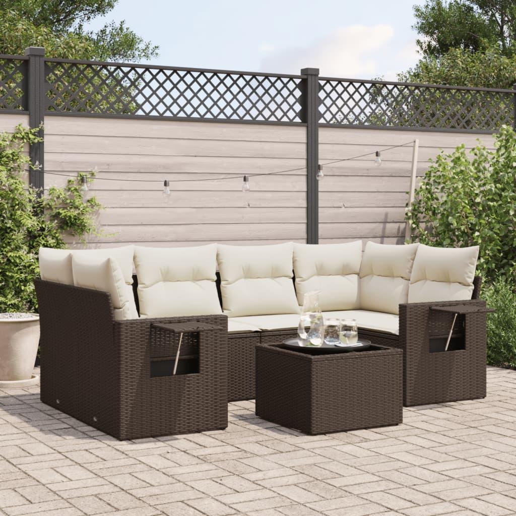 Havesofasæt i polyrattan - 7 dele med hynder, brun billede