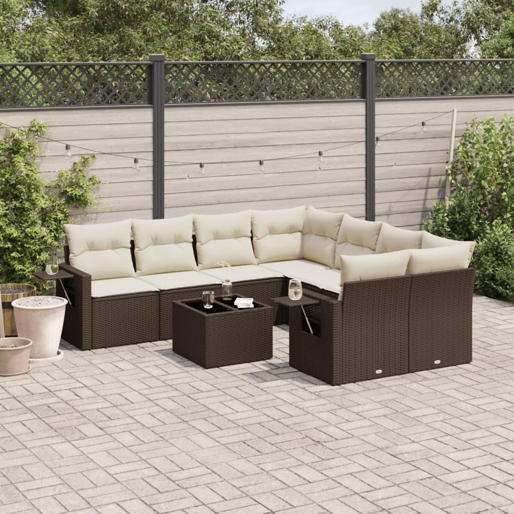 Havesofasæt i polyrattan - 9 dele med hynder, brun