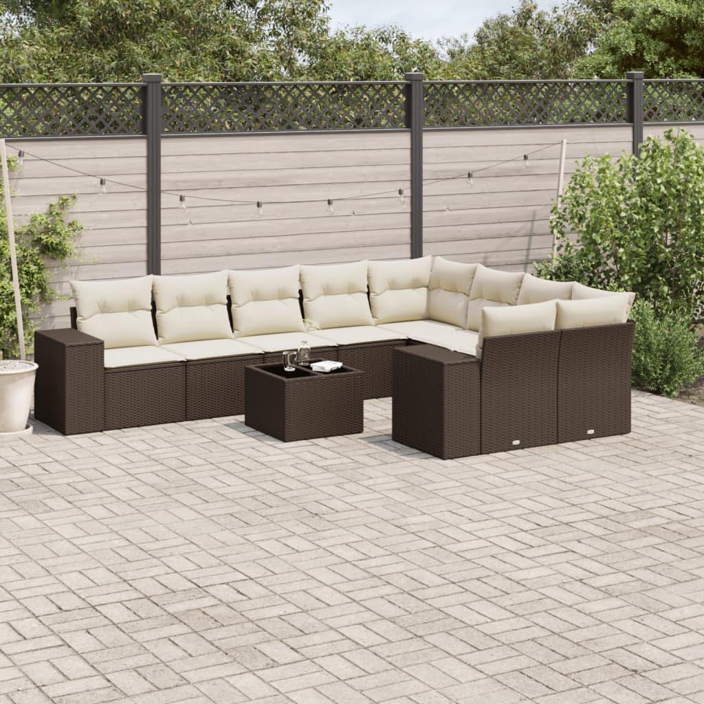 Sofasæt til haven i polyrattan - 10 dele med hynder, brun