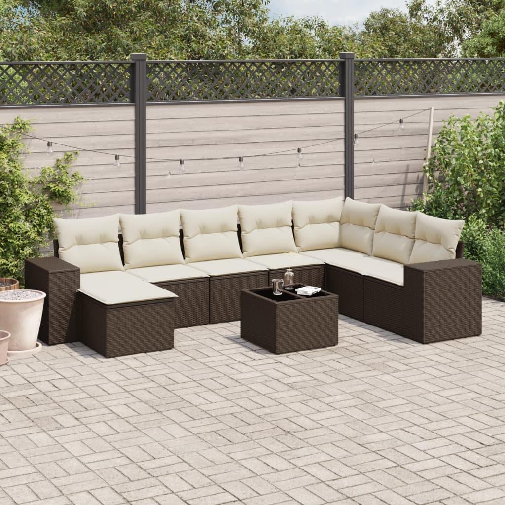 Sofasæt til haven i polyrattan - 9 dele med hynder, brun